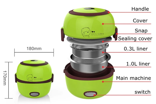 DMWD MINI Rice Cooker Thermal Heating Electric Lunch Box 1/2 Layers Portable Food Steamer Cooking Container Meal Lunchbox Warmer