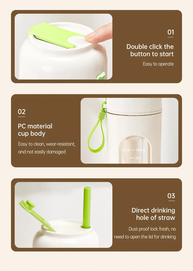 Portable Electric Juicer Cup for Smoothies, Shaved Ice, and Juices -12-Blade Stainless Steel Blender with Wireless Charging